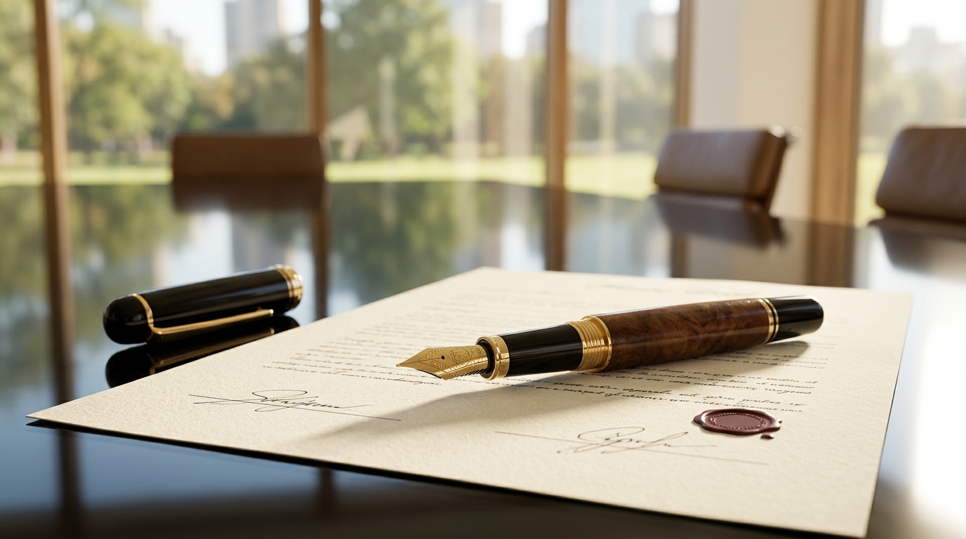 Contrat et stylo plume sur table en verre