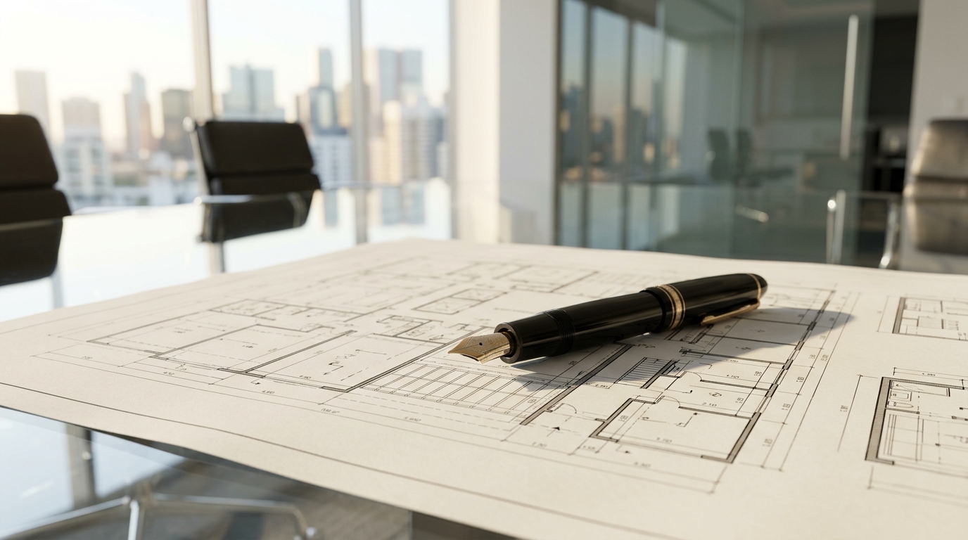 Blueprint architectural and pen for investment planning