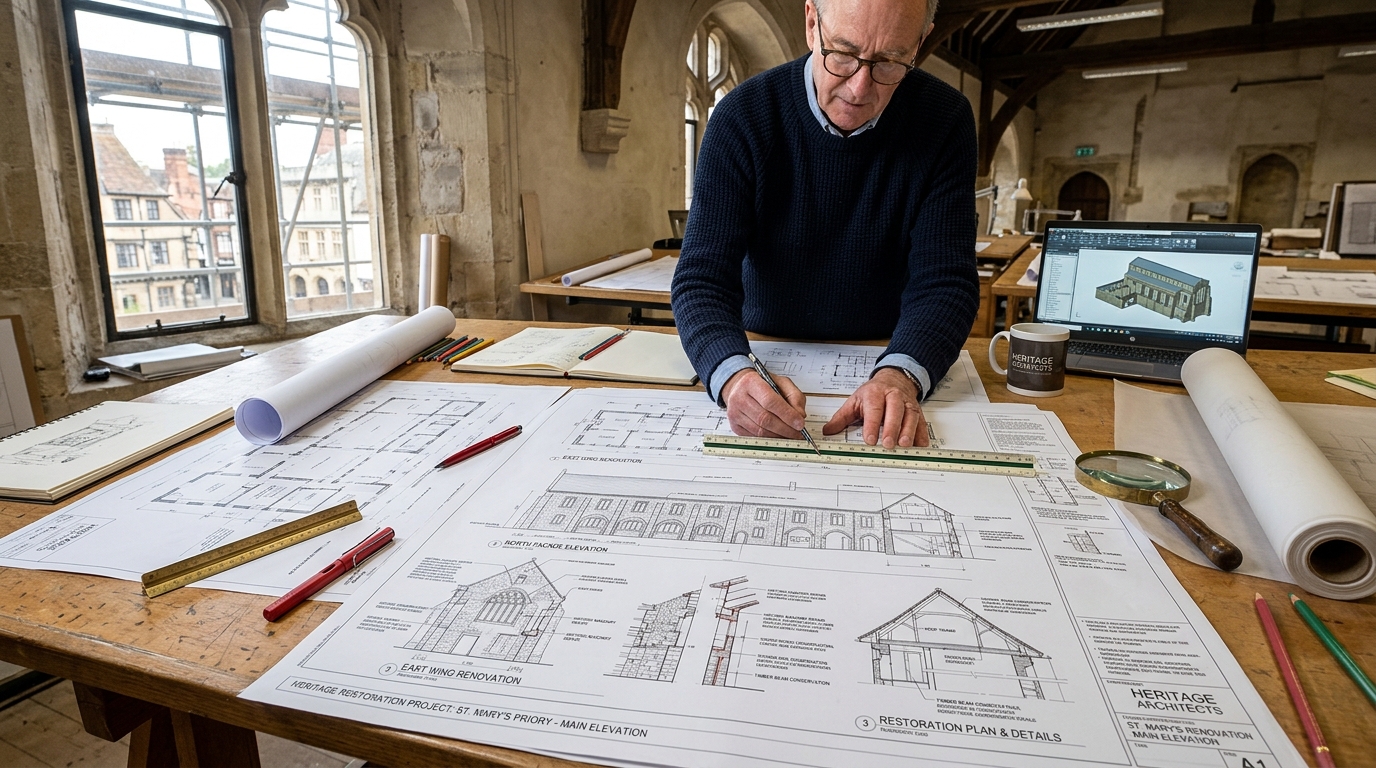 Plans de rénovation architecturale sur un bureau
