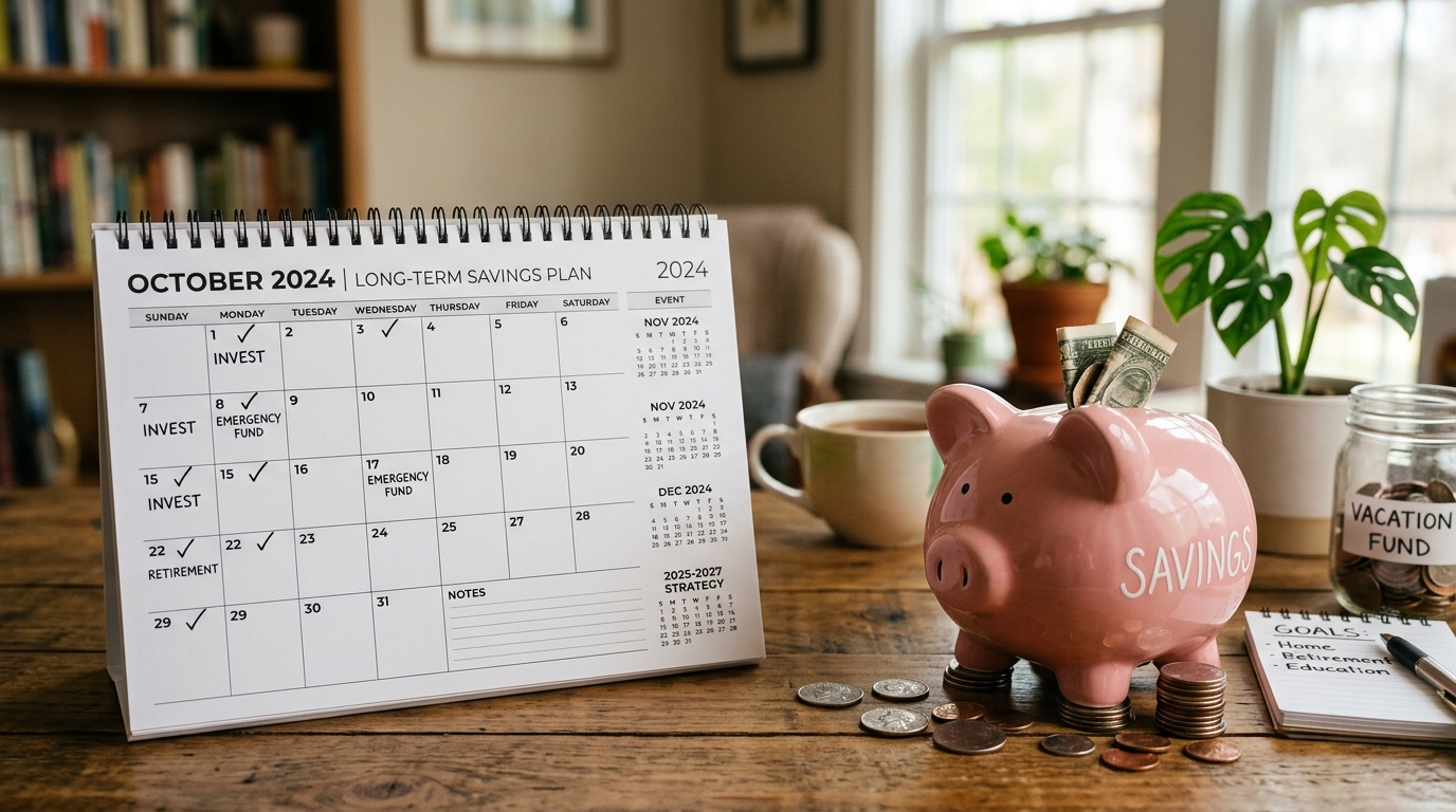 financial calendar and piggy bank, long-term savings